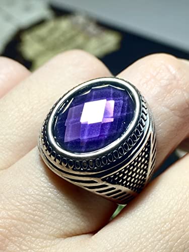 Men's Round Oval Turkish Engraved Silver Retro Vintage Stainless Steel Turquoise Onyx Women's Sapphire Lapiz Lazuli Blue Purple Stone Biker Carved Signet Punk Ring Stone Silver Ring, Anillos De Hombre
