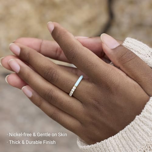 STORYJEWELLERY Eternity Band Rings for Women, Enamel Ring, Blue Ring, Stackable Wedding Bands for Women, 18K Gold Plated Cubic Zirconia Rings