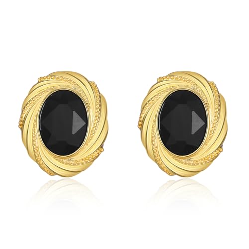 Chunky Gold Geometric Stud Earrings Trendy Vintage 14K Gold Plated Black Cubic Zirconia Statement Cocktail Earrings Dupes Jewelry for Women - style: Black Stone B
