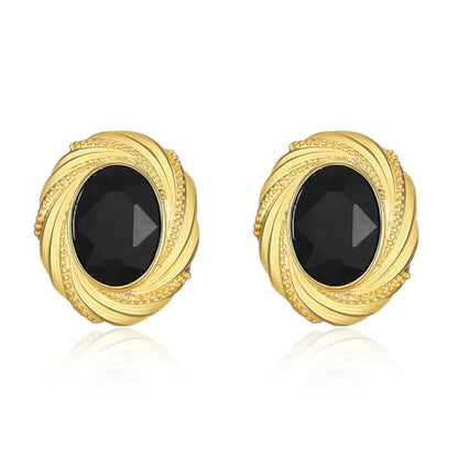 Chunky Gold Geometric Stud Earrings Trendy Vintage 14K Gold Plated Black Cubic Zirconia Statement Cocktail Earrings Dupes Jewelry for Women - style: Black Stone B