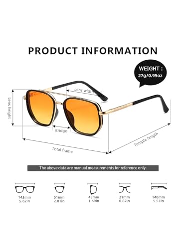 kimorn Women's Square Aviator Sunglasses, Polarized UV400 Pretecion | Retro Frame Shades, Small-Medium Fit, Driving, Beach, Daily Wear - color: Gold+black+yellow