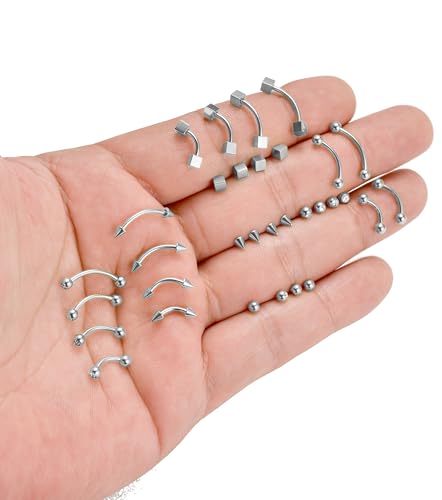 16Pcs Eyebrow Piercing Jewelry 16G Surgical Steel Curved Barbell Vertical Labret Lip Navel Belly Button Tongue Rings Rook Daith Tragus Earring for Women Men Silver Gold Tone 6mm/8mm/10mm/12mm - color: B-Siler