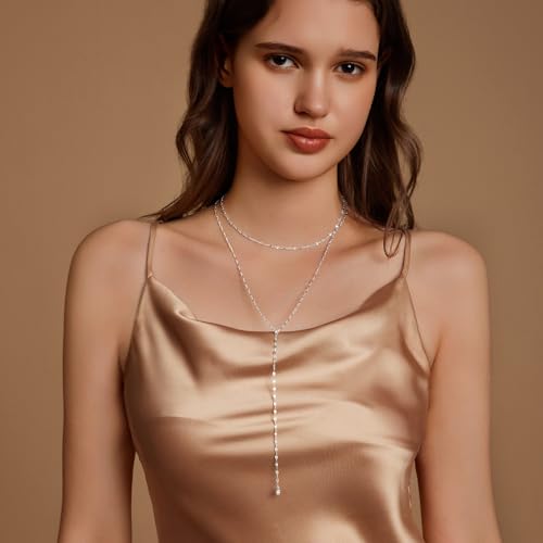 Zeffy Lariat Gold Necklace for Women, Dainty Long Necklace 14k Gold/Silver Plated Layered CZ Beaded Bar Chain Y-Shaped Body Chain Stack Drop Wedding Necklace Trendy Simple Gold Jewelry Gifts - color: Silver CZ Layered Y Necklace(1PCS)