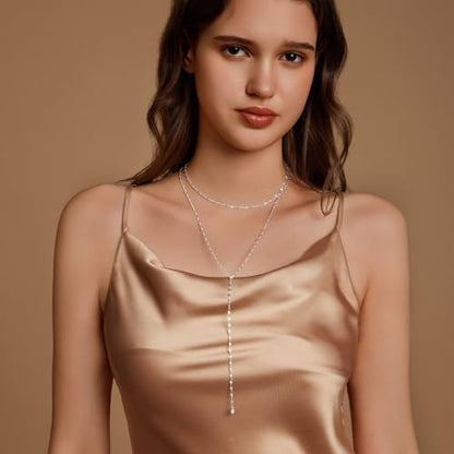Zeffy Lariat Gold Necklace for Women, Dainty Long Necklace 14k Gold/Silver Plated Layered CZ Beaded Bar Chain Y-Shaped Body Chain Stack Drop Wedding Necklace Trendy Simple Gold Jewelry Gifts - color: Silver CZ Layered Y Necklace(1PCS)