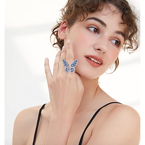Butterfly Rings for Women Adjustable Golden Cocktail Ring Sparkly Stones Statement Silver Bow Open Wrap Bow Jewelry Bridesmaids Wedding Valentine’s Day Gift Lover Mother - color: JZ03-Silver Blue