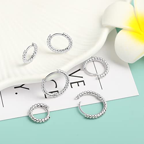 micuco 3 Pairs Small Gold Hoop Huggie Earrings Set for Women Men Tendy | 14K Gold Plated Small Huggie Hoop Earrings for Men, Tiny Cartilage Hypoallergenic Earring Set - style: F# Twisted silver 8-10-12mm