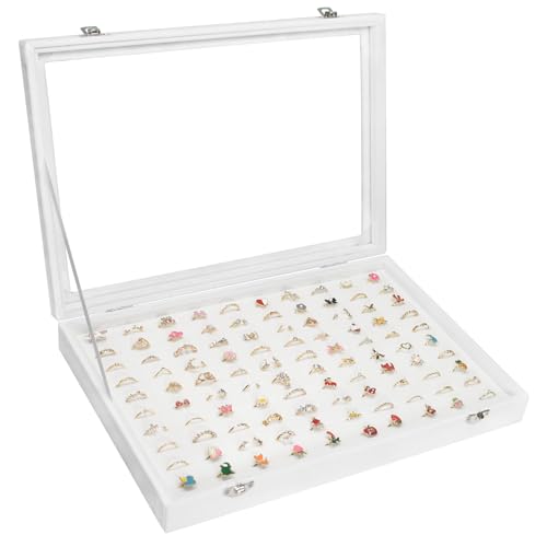 Vicoter 100 Slots Ring Organizer Tray,Velvet Ring Box with Clear Lid | Velvet Lining Provides Protection,Fits Rings of Various Sizes,Glass Lid Jewelry Tray,for Personal Use and Ring Display Ivory - color: Ivory