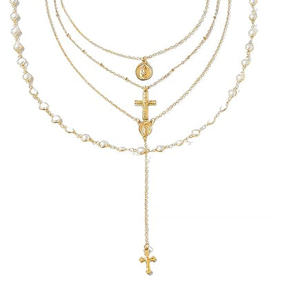 Layered Necklace for Women, Cross Pendant Y Necklace Set, 18K Gold Plated Dainty Stackable Jewelry Gift for Everyday Wear - style: 4PCS - J