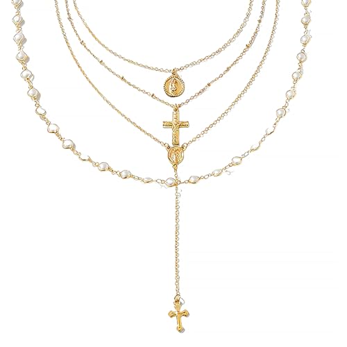 Layered Necklace for Women, Cross Pendant Y Necklace Set, 18K Gold Plated Dainty Stackable Jewelry Gift for Everyday Wear - style: 4PCS - J
