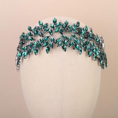 Missgrace Women Silver Green Black Red Blue Handmade Full Crystal Rhinestone Large Headband Hair Vine Shinny Headpiece Bridal Wedding Hair Accessories for Women (Silver Peacock green) - color: Silver Peacock green