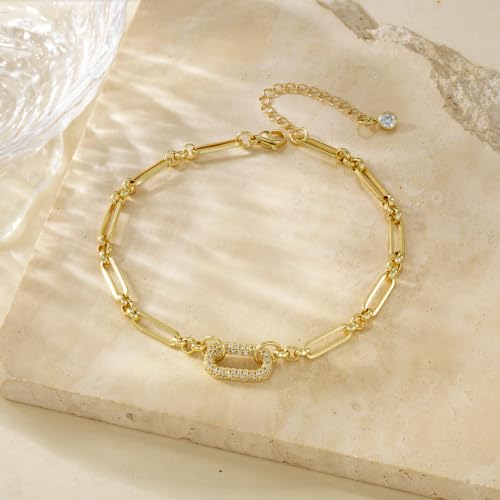 Moodear Gold Ankle Bracelets for Women Waterproof,14K Gold Plated Anklets | Waterproof, Non Tarnish Cuban Link Anklets, Trendy Jewelry Accessories for Summer Vacation, Beach Gifts for Women - style: Paperclip CZ Paperclip