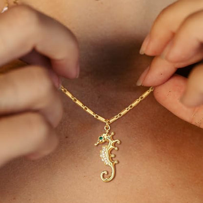 MTMY Gold Starfish Necklace 14K Gold Plated Shell Conch Ocean Pendant Necklace for Women Beach Summer Jewelry - style: seahorse