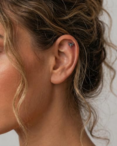 Flat Back Earrings for Women Cartilage Helix | Comfortable Dainty Cute Dragon Bee Bird Phoenix Dragonfly Cute Animal Leaf Spiral Rhombus Design Flatback Stud Earrings - color: Black Dragonfly