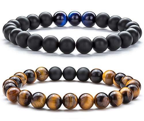 Men Women 8mm Tiger Eye Stone Beads Bracelet - color: set6