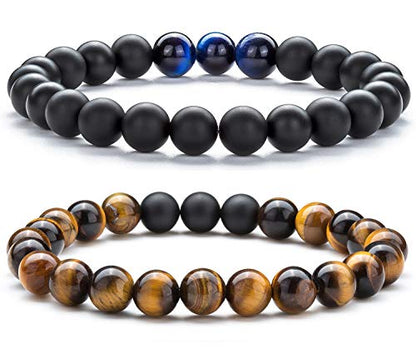 Men Women 8mm Tiger Eye Stone Beads Bracelet - color: set6