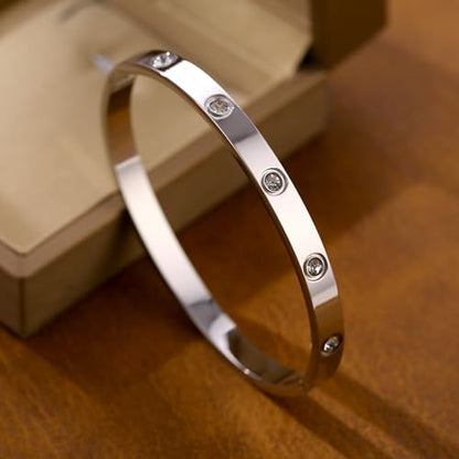 Women's Stainless Steel 18K Gold-Plated Cubic Zirconia Bracelet, Love and Friendship Jewelry Bracelet, Cuff Crystal Jewelry for Mother's Day, Father's Day, Valentine's Day, the Best Gifts for Married and Birthdays - color: Zircon Silvery