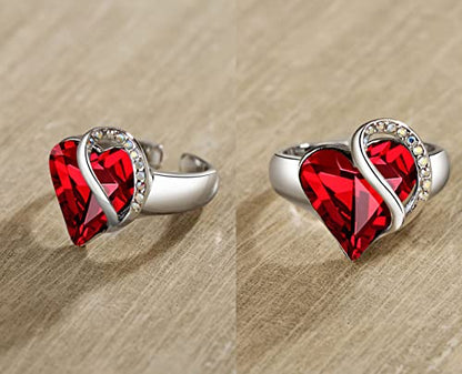Leafael Infinity Love Women's Adjustable Crystal Heart Ring with Birthstone Crystals Healing Stones, Jewelry Gifts for Women, Birthdays Valentine's Day, Silver-Tone, Open End, Size 6.5-8 - color: 01-January & July-Joy-Siam Ruby Red
