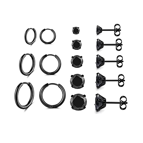 Surgical Stainless Steel Stud Earrings Hoop Earrings for Women Men 14K Gold Plated Hypoallergenic Cartilage Earrings Flat Back CZ Earrings Set Dainty Multiple Piercing Pack of 8 Pairs - color: Push back (Black)