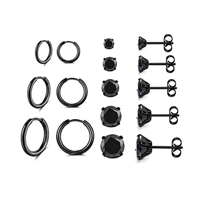 Surgical Stainless Steel Stud Earrings Hoop Earrings for Women Men 14K Gold Plated Hypoallergenic Cartilage Earrings Flat Back CZ Earrings Set Dainty Multiple Piercing Pack of 8 Pairs - color: Push back (Black)