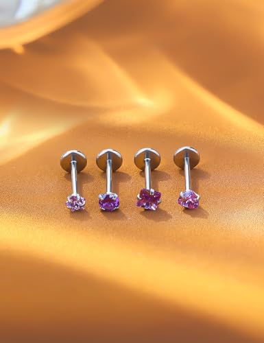 Threadless Noses Rings, Flat Back Earrings, 20/18/16g-Gauge 5/16in-Post 3mm-Top, Hypoallergenic Surgical Steel Medusa Lip Labret Cartilage Helix Tragus Conch Piercing Jewelry for Women Men - color: Purple, size: 20g*8mm