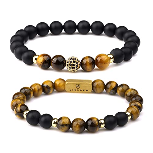 LONDON Mens Bracelet Leather Black Multi-Layer Stone Beads Adjustable Steel Clasp Viking Rope Bands Surfer Man Wristband Male UK Jewellery Gift box Boyfriend Dad Son Brother Tiger Eye - color: H. Tiger-Eye Black Agate Stacked, size: Medium to Large 20-22c