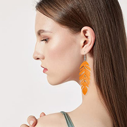 Handmade Unique Lightweight Bohemian Genuine Leather Leaf Dangle Drop Earrings Dainty Sparkly Chain Feather Hook Earring for Women Statement - color: Orange