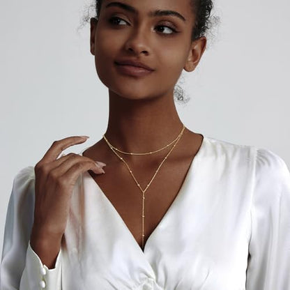 Luxval Lariat Gold Necklace for Women, Dainty Long Necklace 14k Gold Plated/Silver Y-Shaped Pendant Necklaces Trendy Beaded Chain Drop Necklaces Jewelry for Women Gifts - color: Gold-Y Layered Bead Necklace
