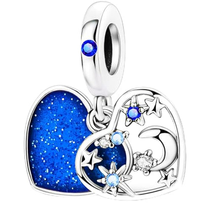 925 Sterling Silver Charms Bead for Bracelets Necklaces, Star Moon Crescent Sun Solar Pendent, Blue Ocean Starfish Shells Turtle Crab Starry Sea Cute Jewelry Birthday Gifts for Women Men - style: Blue Heart