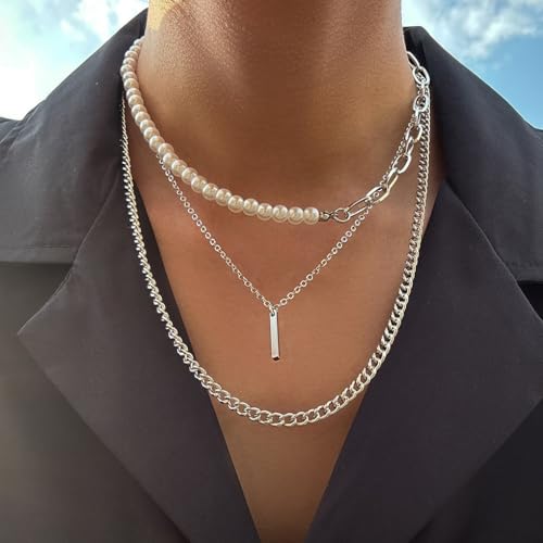 Layered Gold Necklaces for Women Stackable Pearl Paperclip Chain Necklaces Adjustable Dainty Bar Pendant Necklaces Trendy Everyday Jewelry Gifts - color: Silver