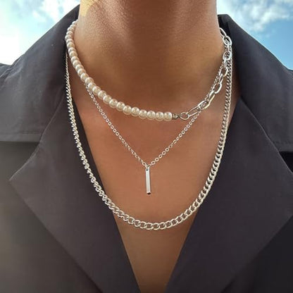 Layered Gold Necklaces for Women Stackable Pearl Paperclip Chain Necklaces Adjustable Dainty Bar Pendant Necklaces Trendy Everyday Jewelry Gifts - color: Silver