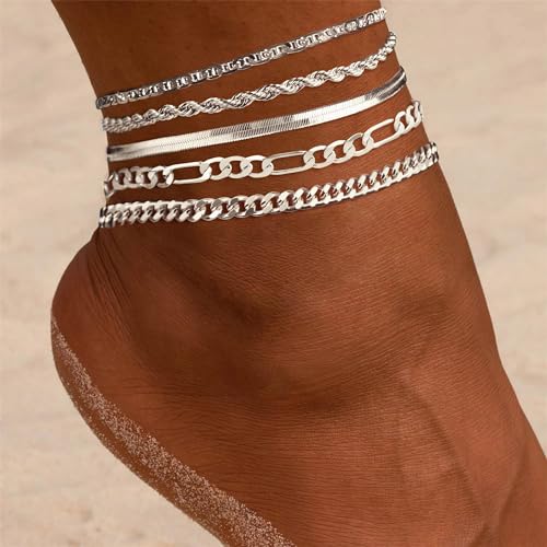Dainty Ankle Bracelets for Women Waterproof | Layered Gold Plated Tennis Cuban Snake Rope Paperclip Beaded Link Chains Set, Summer Beach Jewelry Gift - color: Silver Anklet B