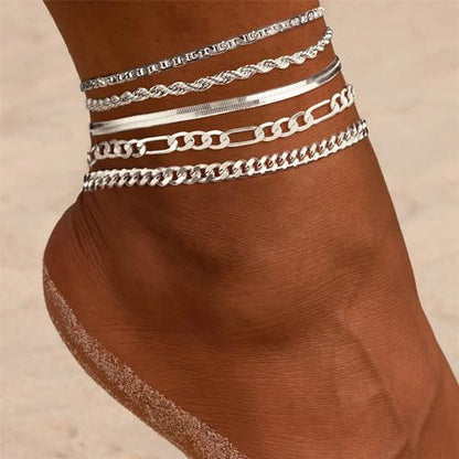 Dainty Ankle Bracelets for Women Waterproof | Layered Gold Plated Tennis Cuban Snake Rope Paperclip Beaded Link Chains Set, Summer Beach Jewelry Gift - color: Silver Anklet B