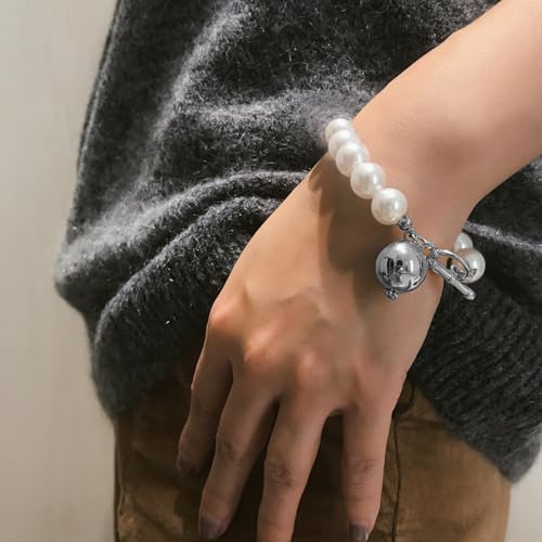 Aimimier Classic Faux Pearl Bracelet with Toggle Clasp Round Bead Bridal Cuff Wrap Bangle Prom Party Festival Statement Jewelry for Women