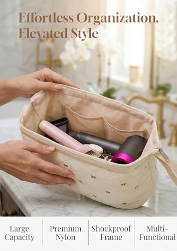 TeeYee Nylon Hair Tools Travel Bag for Dyson Airwrap Quilted Toiletry Bag | Travel Storage Bag for Shark Flexstyle/Curling Iron,Water-repellent,Wide-open,Well-structured,Heat-safe lining,001beigebow - color: Beigebow