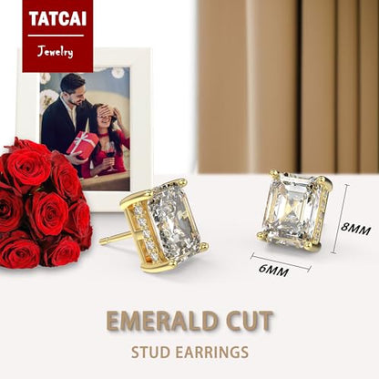 18K White Gold Plated Sterling Silver Emerald Cut Cubic Zirconia Stud Earrings Clear CZ Diamond Stud Earrings for Women Men Hypoallergenic - color: Gold, size: 6MM*8MM