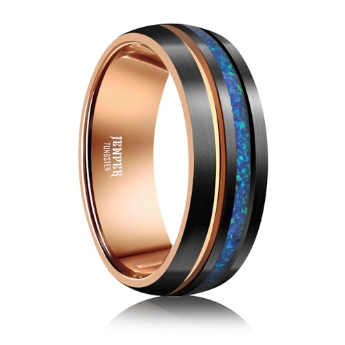 Tungsten Rings for Men Womens 8mm Black Fashion Promise Wedding Band Hammered Groove Meteorite Orbo Carbide Beveled Polished Edge Comfort Fit - color: rose gold opal
