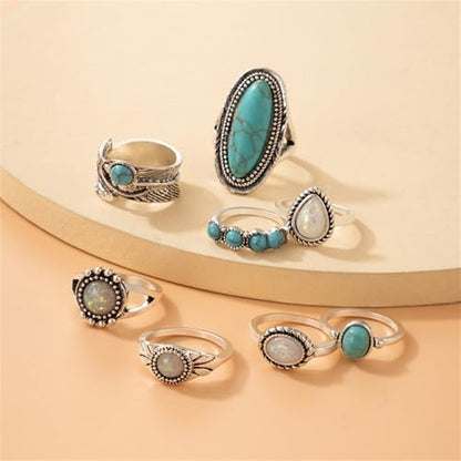 Bohemian Turquoise Ring Set for Women,Vintage Western Rings Chunky Turquoise Opal Stackable Knuckle Ring Set Punk Midi Finger Ring Pack Boho - style: Ring set-A