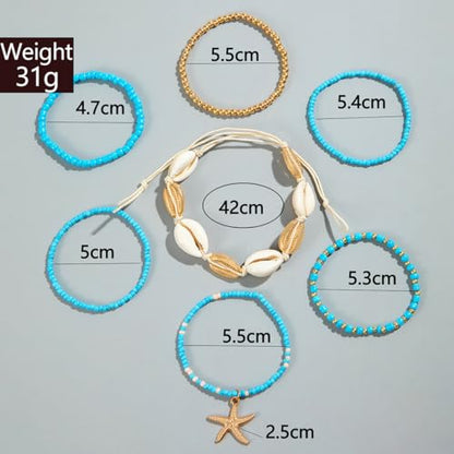 Bohemian Stackable Shell Beaded Ankle Bracelets for Women Colorful Boho Multi-Layer Seashell Gold Starfish Adjustable Handmade Braid Bracelet Summer Beach Holiday Accessories Gifts - color: Blue