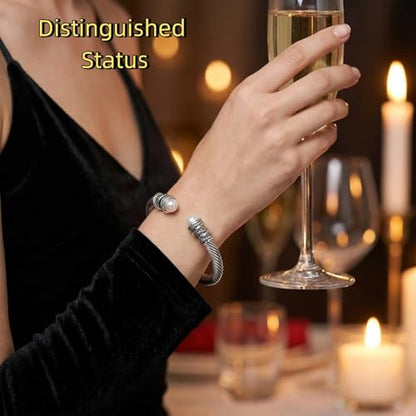 Stainless Steel Twisted Cable Wire Bracelet, Twisted Cable Bracelet with Composite Shell Pearl 6" Cuff Bracelets - color: Silver