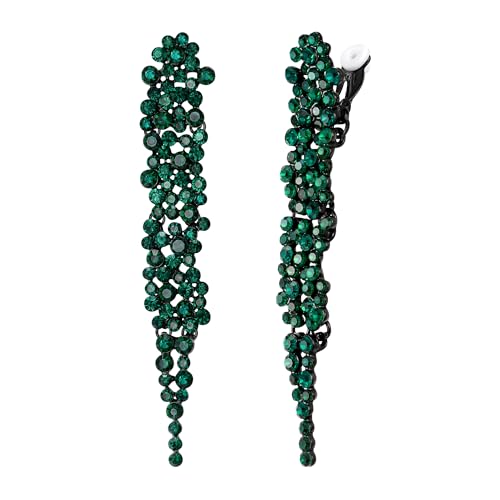EVER FAITH Rhinestone Crystal Art Deco Statement Clip-on Earring, Wedding Prom Long Chandelier Dangle Earrings for Women - color: Green Black-Tone