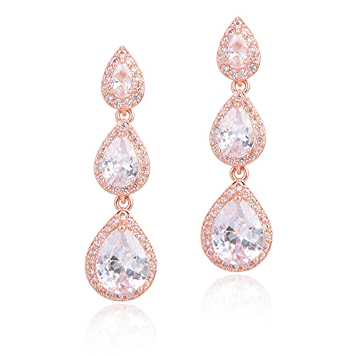 Women's Cubic Zirconia Bridal Earrings - Elegant Long Wedding Party Prom Earring for Bride Bridesmaids Crystal CZ Rhinestone Chandelier Statement Dangle Drop Earrings for Women - color: 14k rose gold plated
