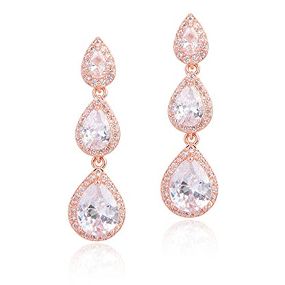 Women's Cubic Zirconia Bridal Earrings - Elegant Long Wedding Party Prom Earring for Bride Bridesmaids Crystal CZ Rhinestone Chandelier Statement Dangle Drop Earrings for Women - color: 14k rose gold plated