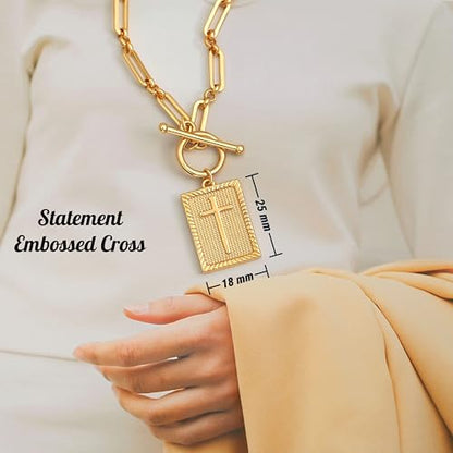 18k Gold Plated Chain Link Necklace for Women, Baroque Pearl/Compass Pendant Necklace - color: Rectangle Cross