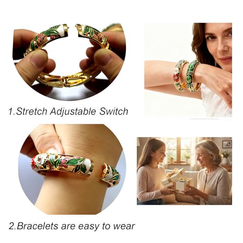 Vintage jewelry bangle Green Enameled Bracelet with Gemstone Floral Gold Plated Bangle Jewelry Gifts for Mom BFF Daughter