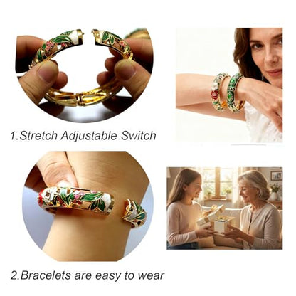 Vintage jewelry bangle Green Enameled Bracelet with Gemstone Floral Gold Plated Bangle Jewelry Gifts for Mom BFF Daughter