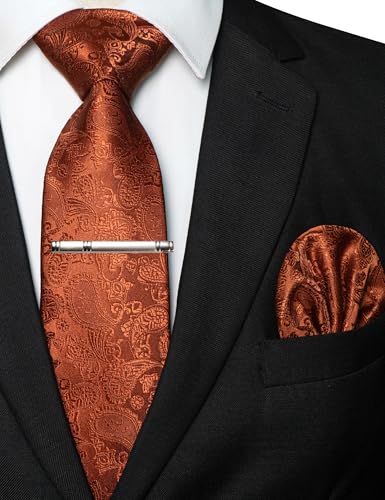 JEMYGINS Mens Solid Color Paisley Necktie and Pocket Square with Tie Clip Sets - color: 52 Rust