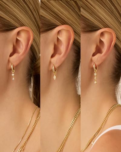 PAVOI 14K Gold Plated Mix & Match Charms Dainty Huggie Earrings for Women | Hypoallergenic Earrings with 925 Sterling Silver Posts, Huggie Hoop Earrings with Motif Dangle Charms Pack - style: Marquise