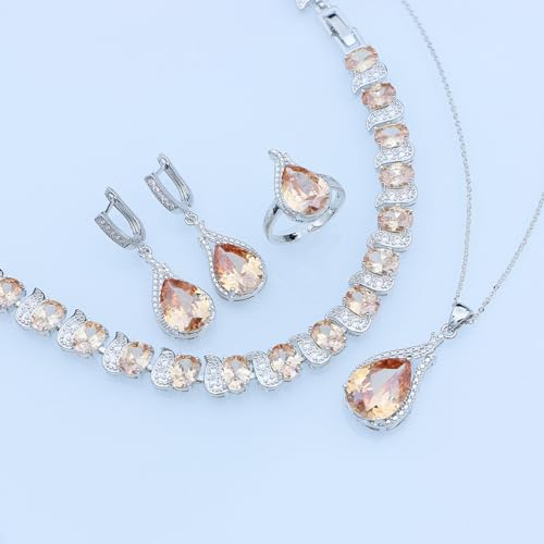 GZWHD Jewelry Set for Women CZ Earrings Necklace Ring Bracelet Set Prom Party Wedding Jewelry Gift for Mother Friend Wife - color: B-Champagne