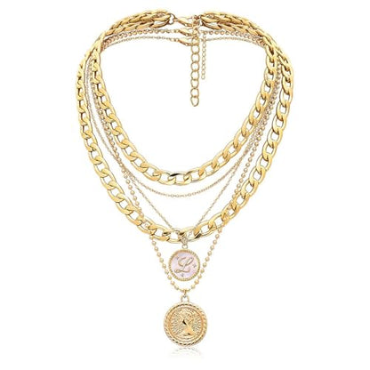 MJartoria Layered Necklaces for Women Trendy Retro Mother of Pearl Coin Letter Pendant Necklace Dainty Chunky Chain Choker Necklaces for Jewelry Birthday Gifts - style: L