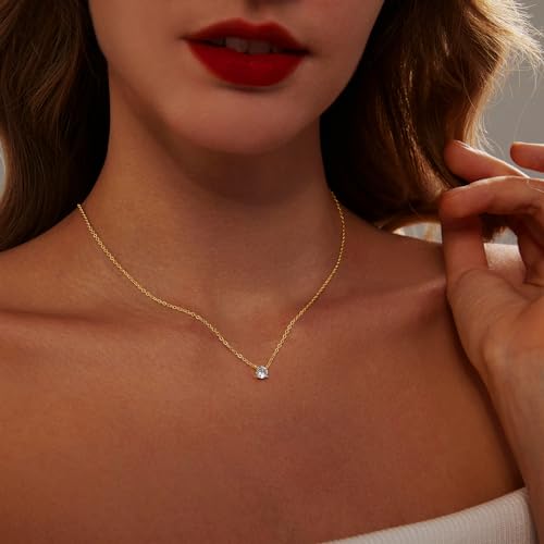 Luxval Diamond Pendant Gold Necklace for Women，Dainty 18k Gold Plated Choker Necklaces Simple Gold Jewelry Gifts for Women - color: Gold-Round CZ